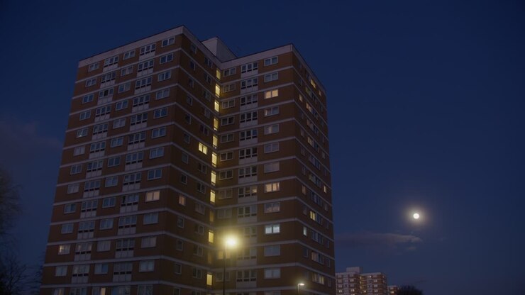 Grattacielo di Londra sullo sfondo del cielo notturno con la luna.