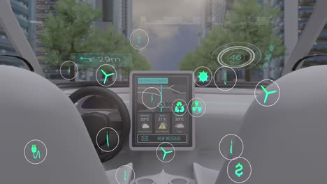 animation of data processing and ecology icons over car and city