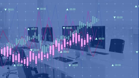 Animation-of-financial-data-processing-against-computers-on-office-desks