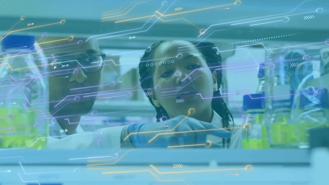 Scientists Collaborating in a Modern Laboratory with Digital Technology Overlay