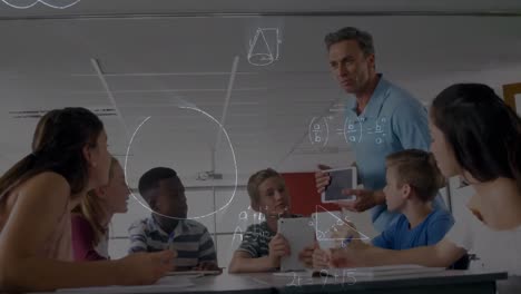 mathematical equations against caucasian male teacher teaching students using digital tablet