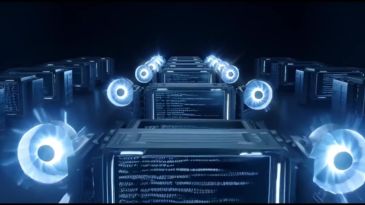 Futuristic Data Center with Servers Processing Digital Information and Glowing Fans