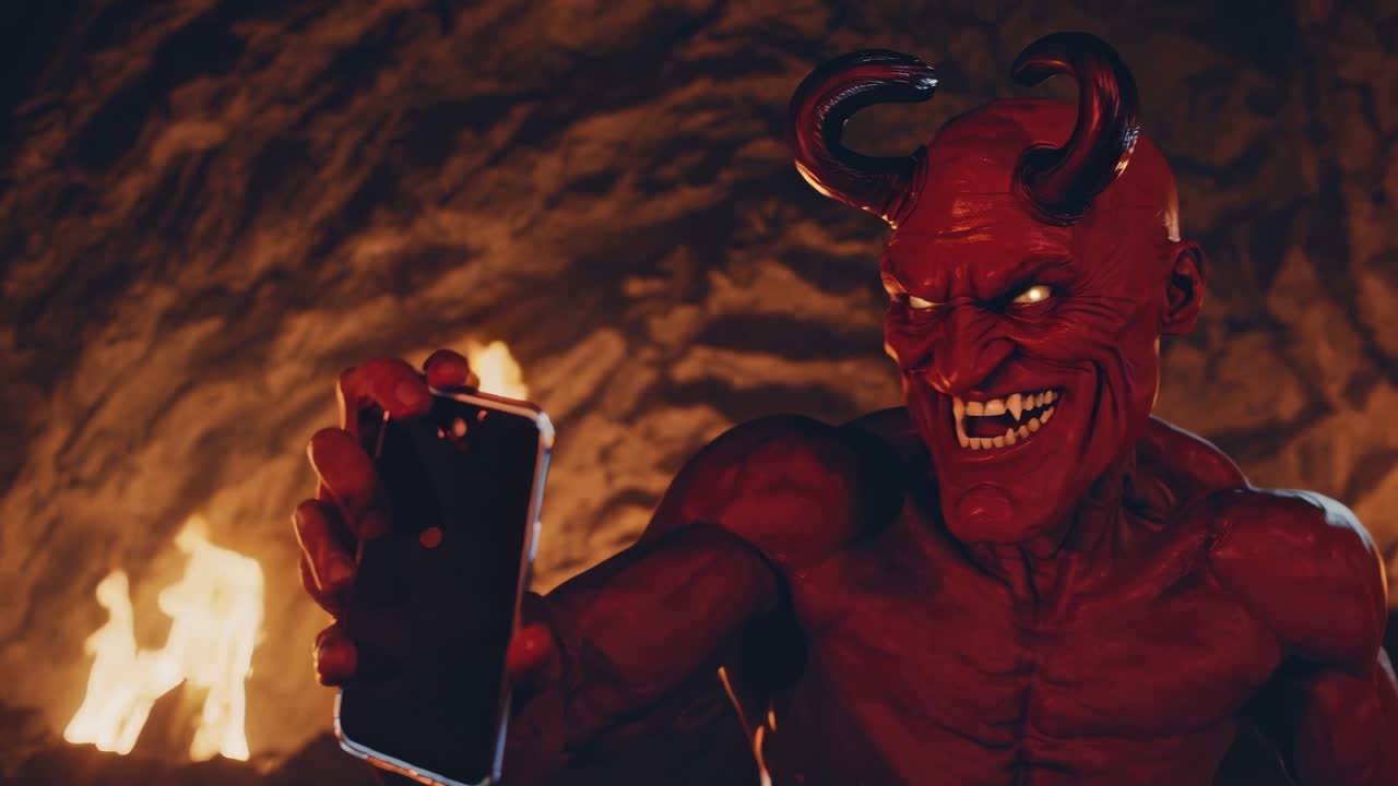 Red devil with horns posing for a selfie with a smartphone, surrounded by fire in hell, displaying an evil grin against a backdrop of blazing flames and darkness
