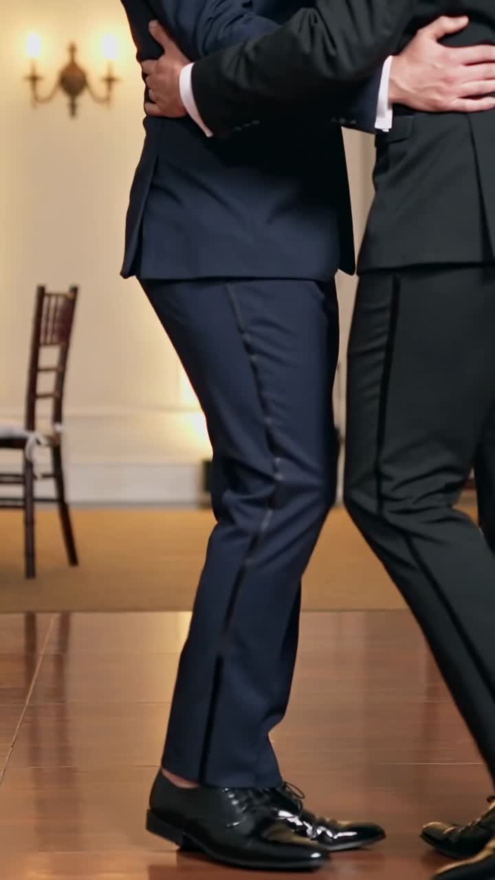 Vertical video: Embracing, two men in navy and dark suits taking steps on wooden floor at reception