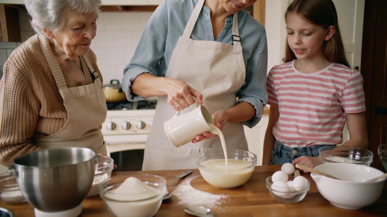 Picking up pitcher, mother in blue apron pouring milk into bowl at home counter making batter