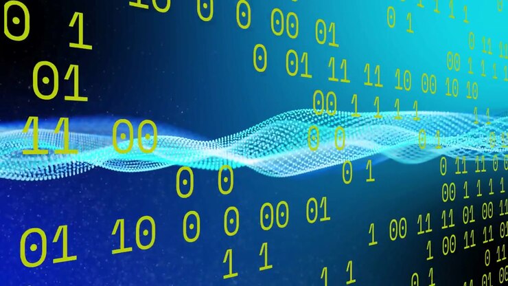 On digits appearing, lime 0 or 1 shifting with depth and cyan waveform undulating showing data flow