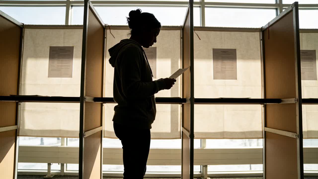 Holding paper, woman reading and glancing for voting at polling panels with hooded sweatshirt
