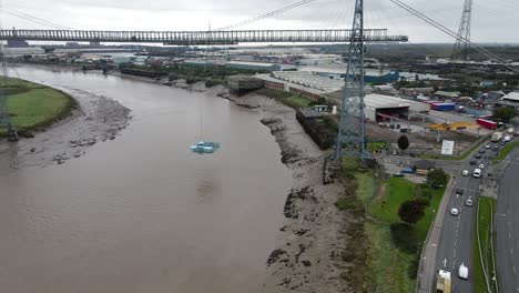 newport transporter crossing platform moving across river usk waterfront aerial tracking right