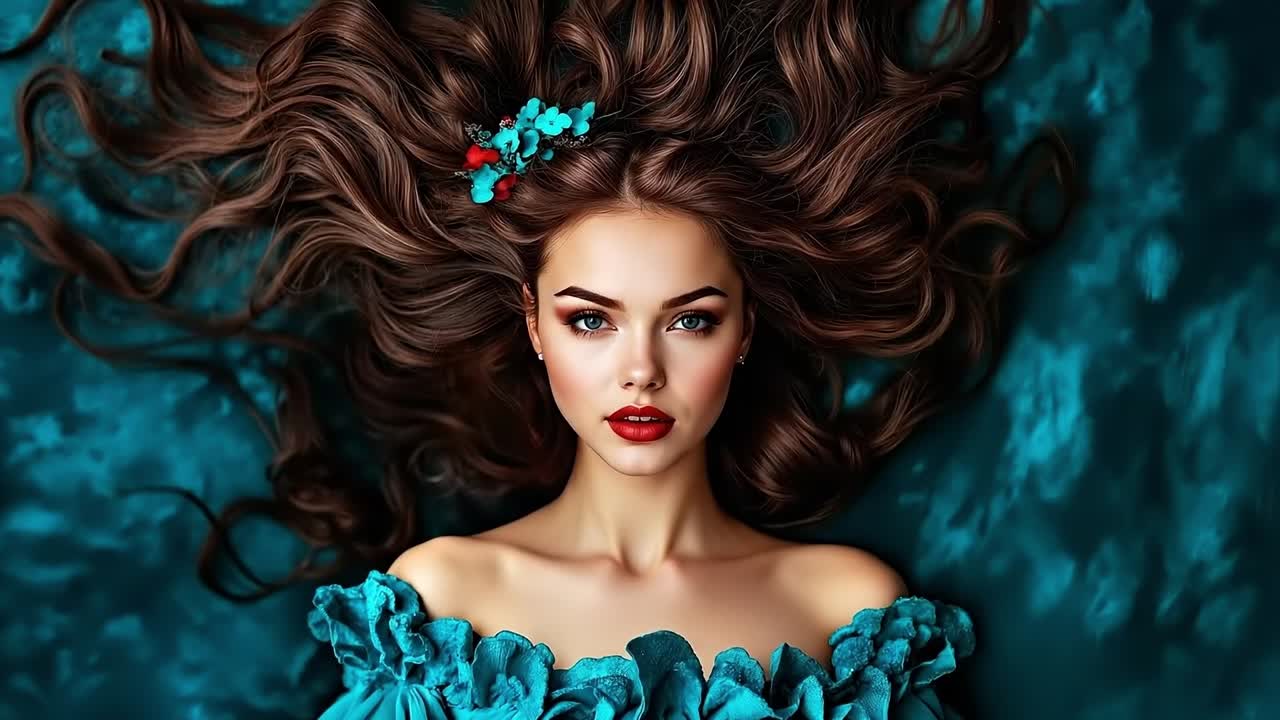 A woman with long brown hair laying on a blue background