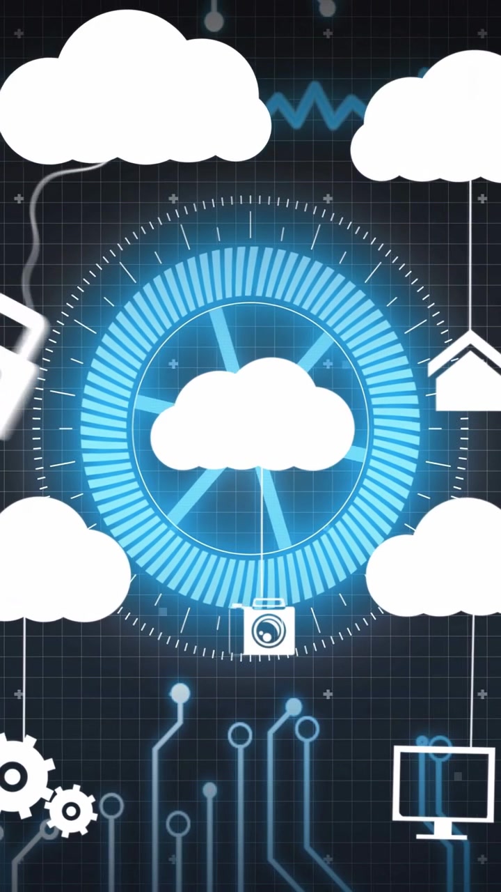 Video verticale: Nuvola bianca che pulsa sopra un hub, generando tracce e rilasciando icone, mostrando la tecnologia cloud