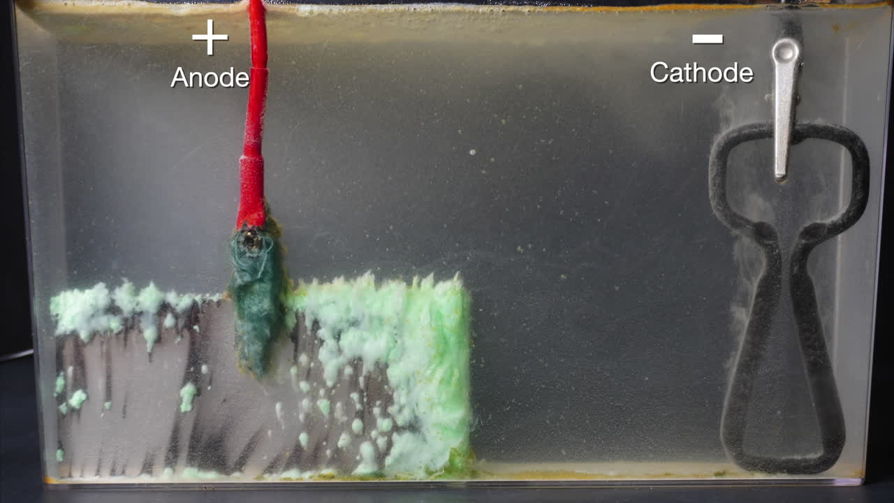 Timelapse of electroplating illustrating migration of nickel ions from positive anode to negative cathode