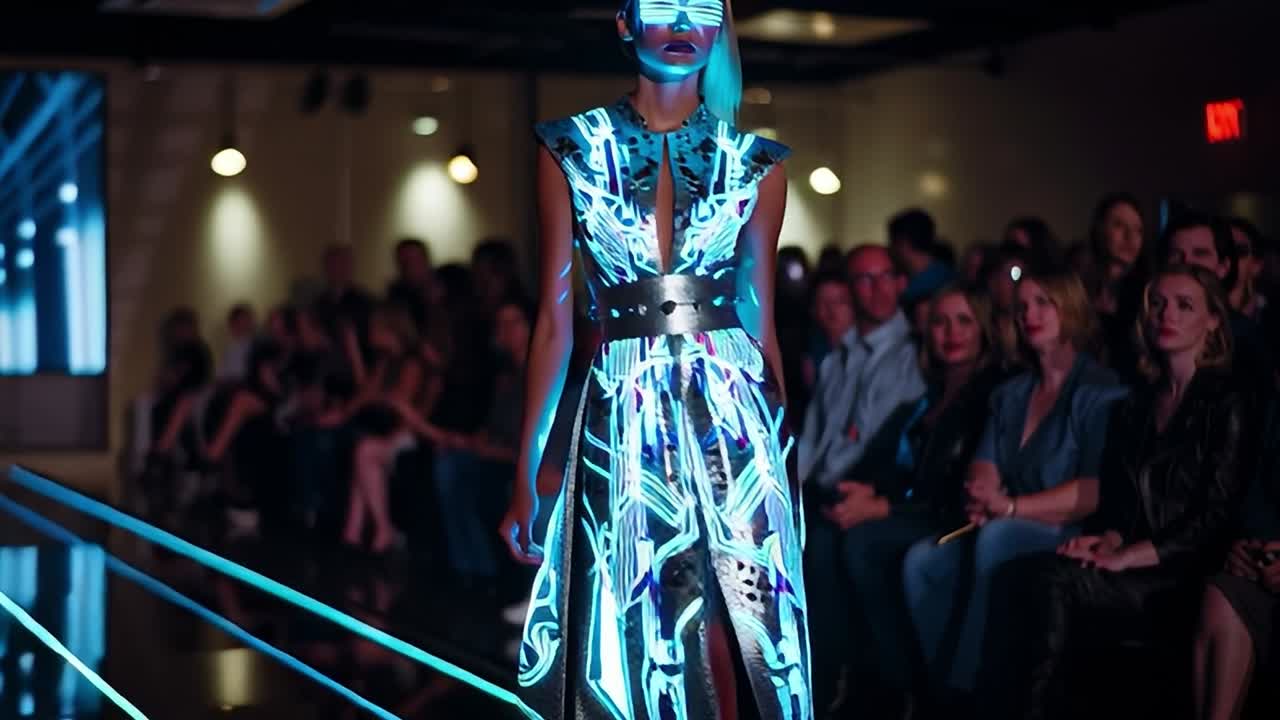 Desfile de moda futurista con atuendo y gafas iluminados