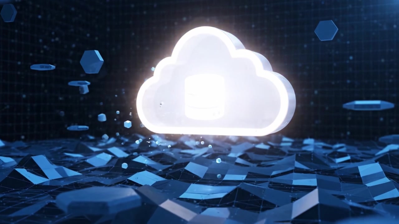 Visual Representation of Cloud Computing: An Illustration Featuring a Stylized Cloud Icon and Data Storage Elements Over a Dynamic Digital Background