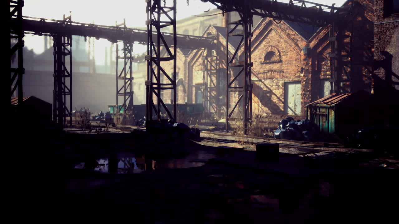 Abandoned industrial area with weathered buildings and rusty structures