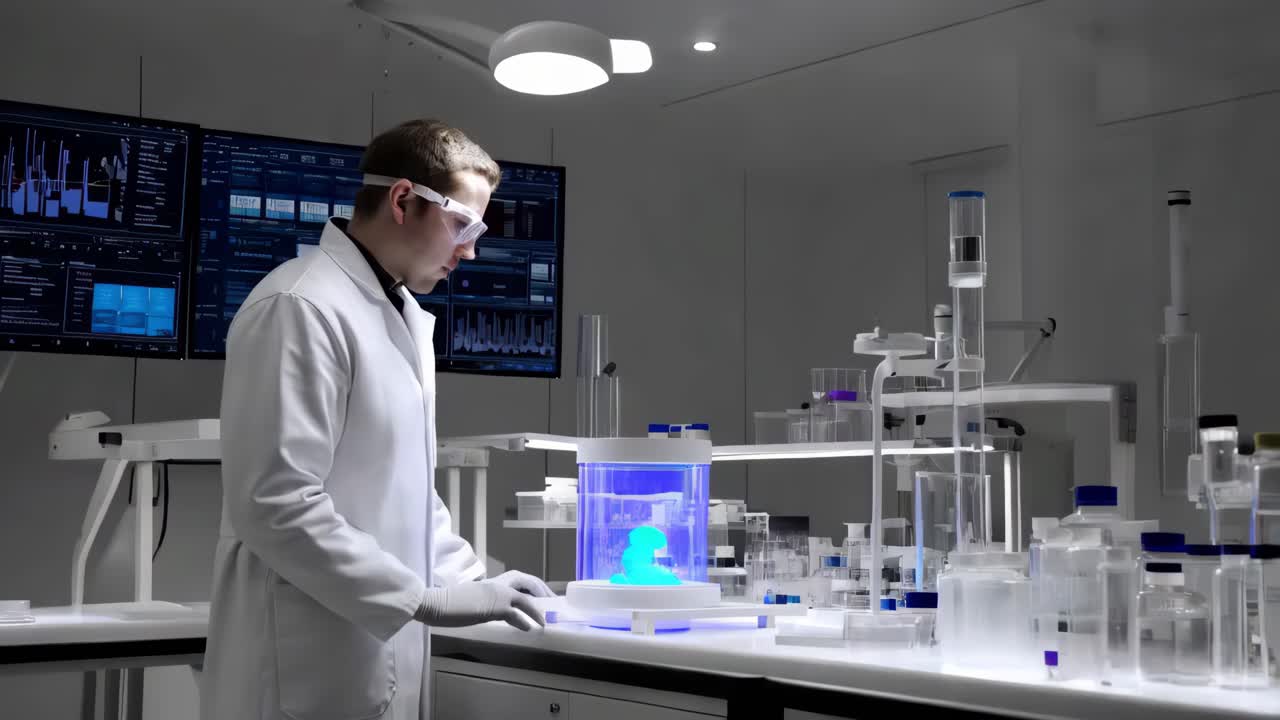 científico realizando un experimento en un laboratorio moderno