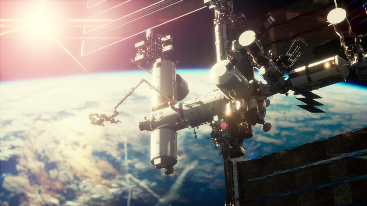 vista de la tierra y la estación espacial internacional está orbitando la tierra