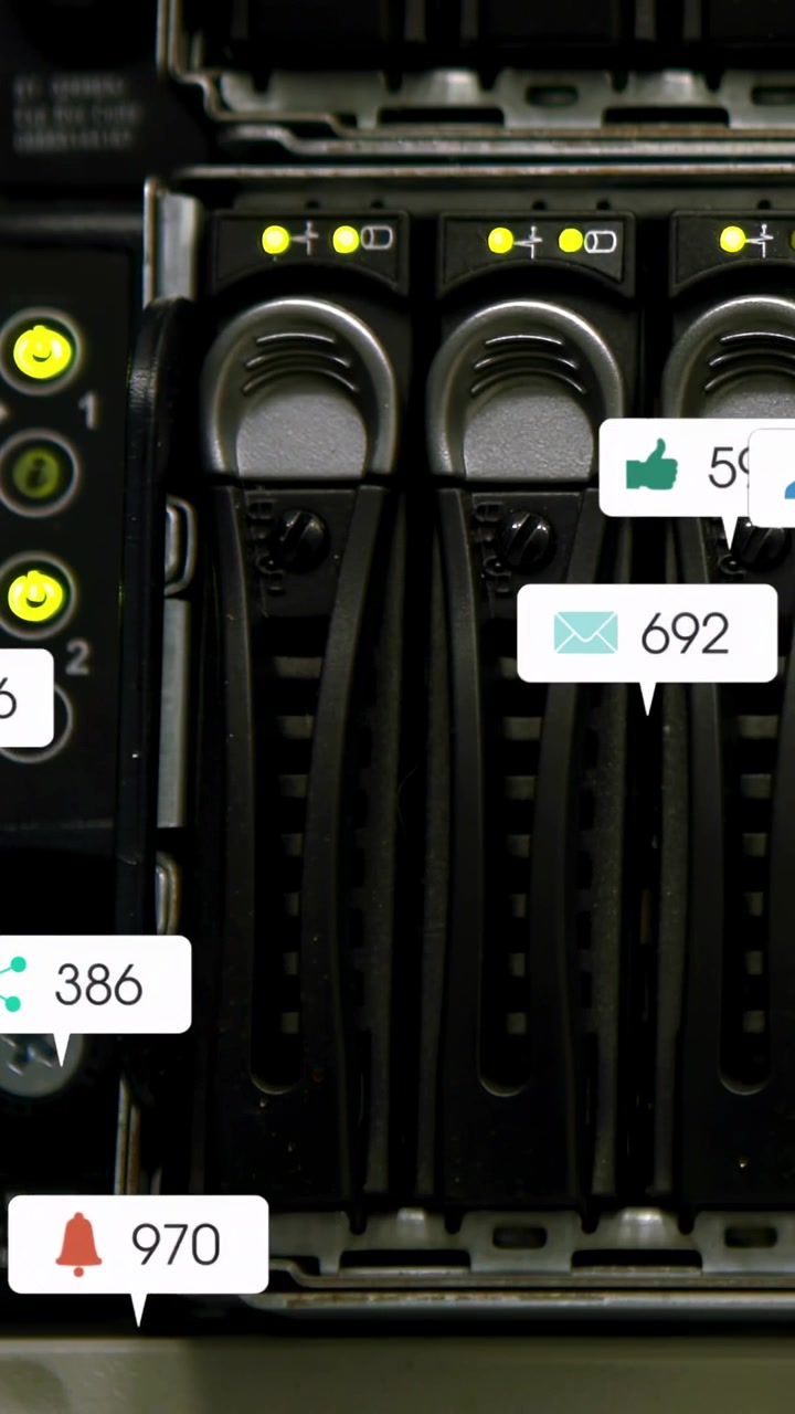 Vertical video: Three drives with LEDs on events generating bubble icons then fading for tech