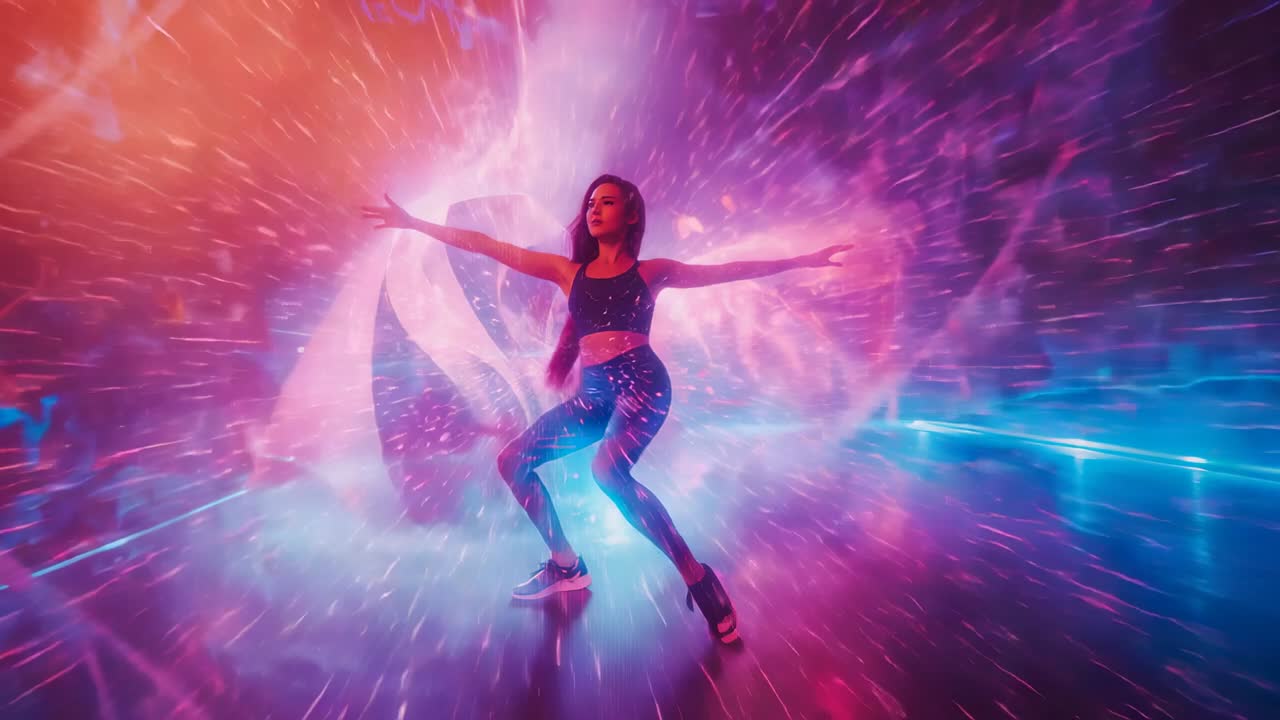 Pulsing portal driving dancer onto neon-lit stage, performing squat then rising, rotating torso