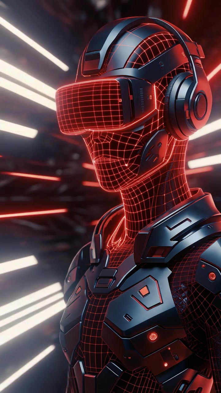 Cyborg futuristico con visore VR in un ambiente cyberpunk digitale