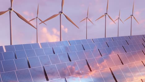 pattern of solar panels and wind turbines with reflections of beautiful evening sunset sky 3d rendering looping animation