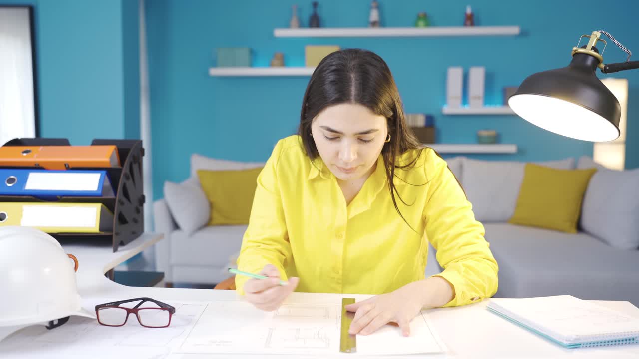 mujer joven feliz trabajando desde casa trabajando en un proyecto.