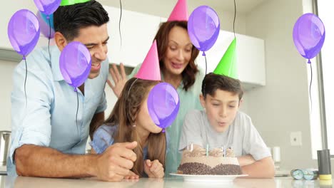 animación de globos fallidos sobre una familia caucásica que celebra su cumpleaños