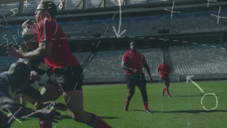 animación de tácticas y plan de juego sobre dos equipos de rugby multiétnicos que juegan rugby