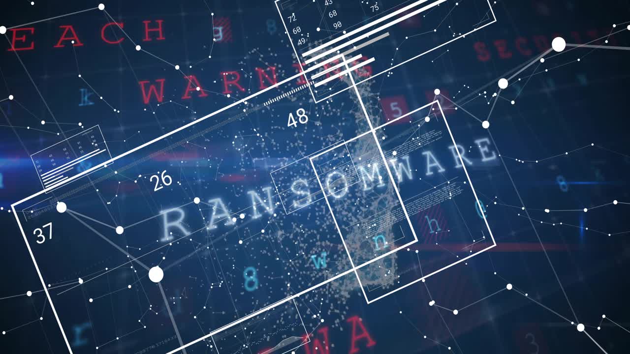 Animation of digital data processing over padlock on dark background