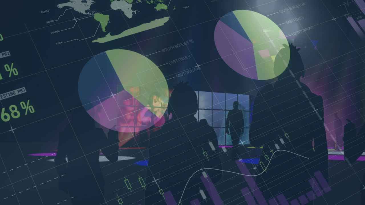 animación del procesamiento de datos financieros sobre personas bailando