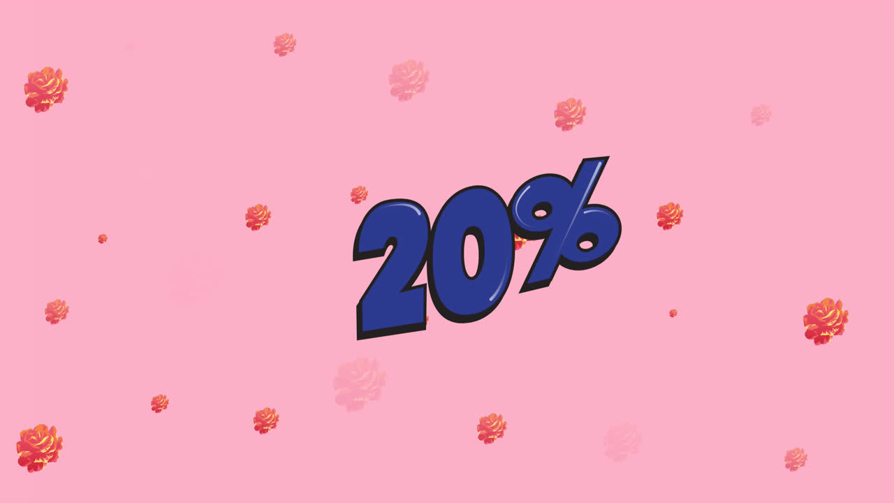 animación de 20 por ciento de texto sobre flores sobre fondo rosa