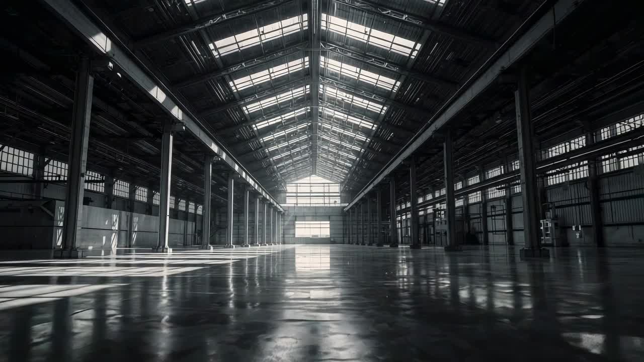 Visar industrihall som står stilla i en fabrik, med stålstolpar, takfönster och metallfackverk