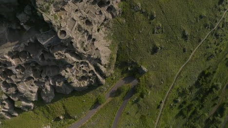 Overhead-View-Of-Cave-Monastery-Site-Of-Vardzia-At-Erusheti-Mountain-In-Southern-Georgia