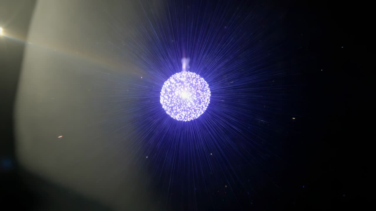 Initiating glowing particle sphere sending outward sparks in dark void, deepening hues into purple