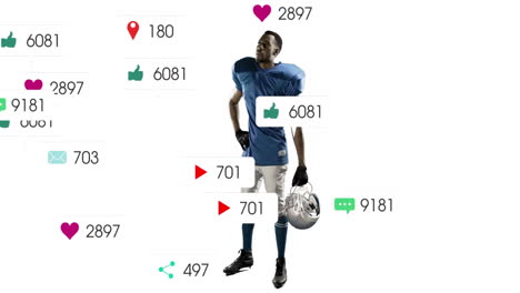 football player in blue uniform engaging with animation of social media icons