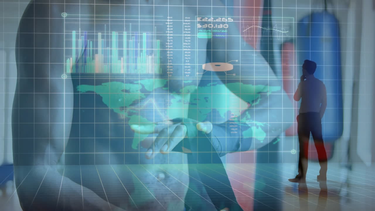 Technology professional pointing holographic world map in office, showing charts and numbers