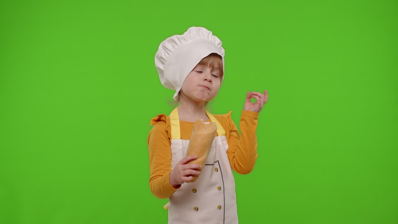Bambina vestita con grembiule e cappello da chef che mangia una baguette fresca e gustosa, facendo smorfie