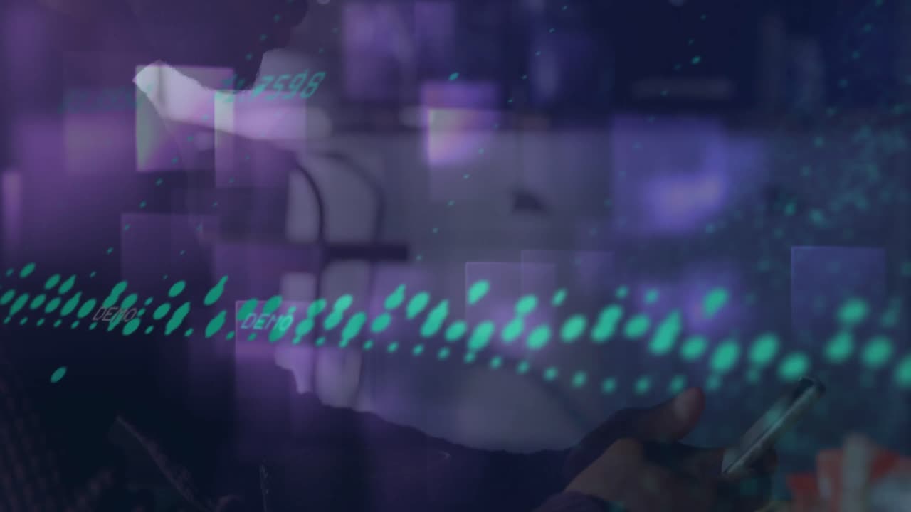 카페에서 스마트폰을 사용하는 아프리카계 미국인 남성 위에 보라색 사각형 모양의 애니메이션