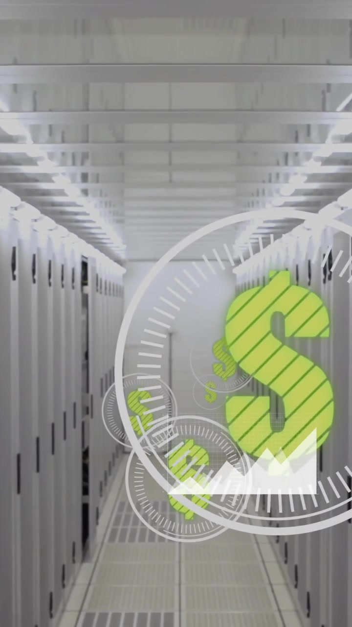 Animazione di elaborazione dati finanziari su server in un moderno data center