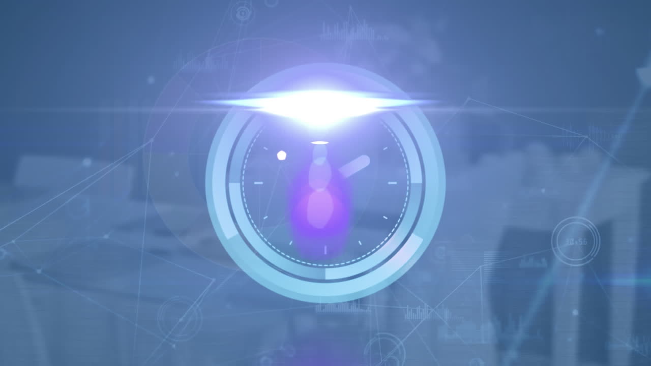 움직이는 시계의 애니메이션과 빈 사무실에서 데이터 처리를 하는 연결 네트워크