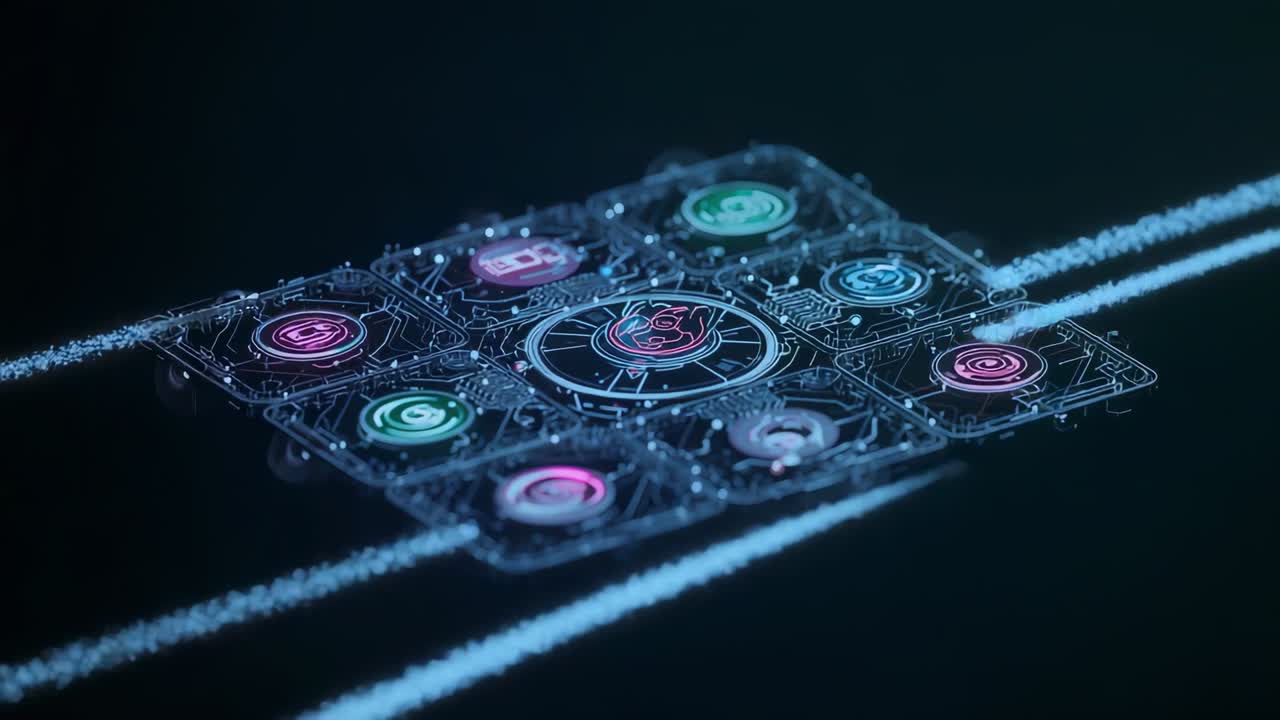 Griglia olografica pulsante 3x3 che risponde al passaggio di flussi di dati nel vuoto oscuro, con emblema centrale