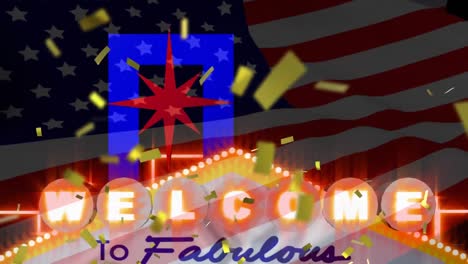 Animation-Von-Konfetti,-Das-Mit-Der-Amerikanischen-Flagge-über-Das-Casino-Schild-Von-Las-Vegas-Fällt