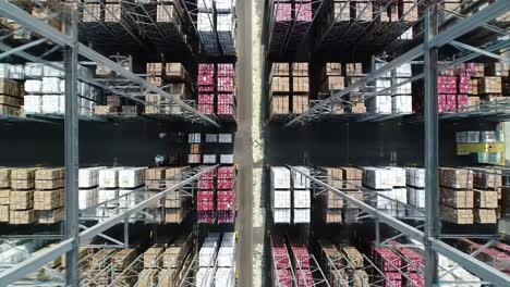 aerial view of a large warehouse showcase featuring organized storage racks filled with various colored boxes and pallets demonstrating efficient inventory management