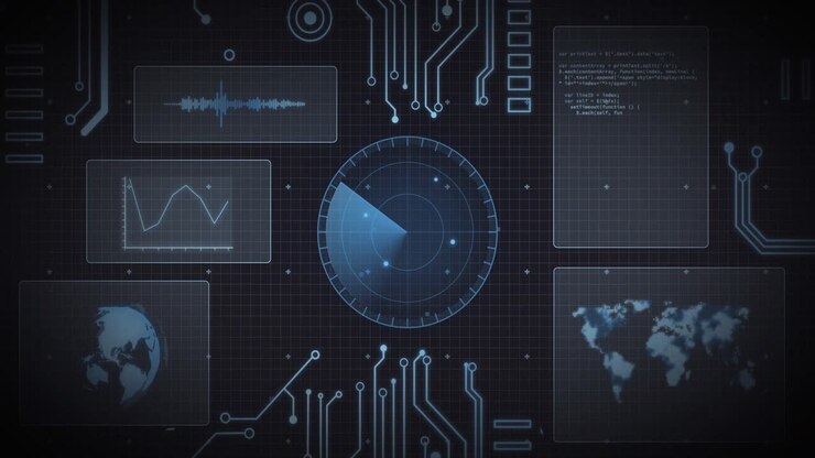 Animation of scope scanning, processor elements and data processing on screens over grid