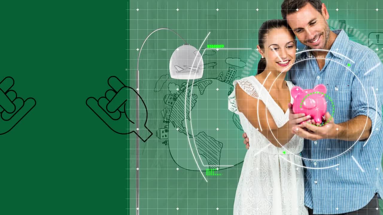 animación del procesamiento de datos con escaneo de alcance sobre la pareja caucásica e iconos en fondo verde