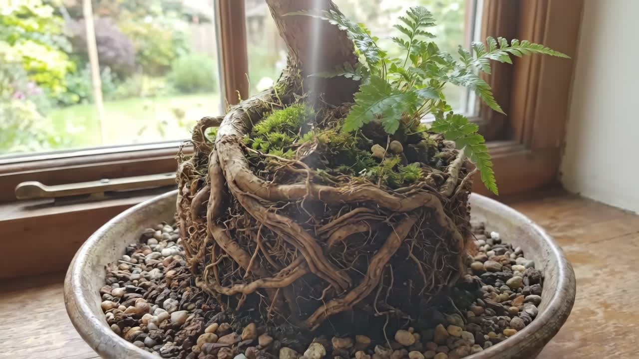 Ahşap Pencere Pervazında Girift Bonsai Ağacı Kökleri