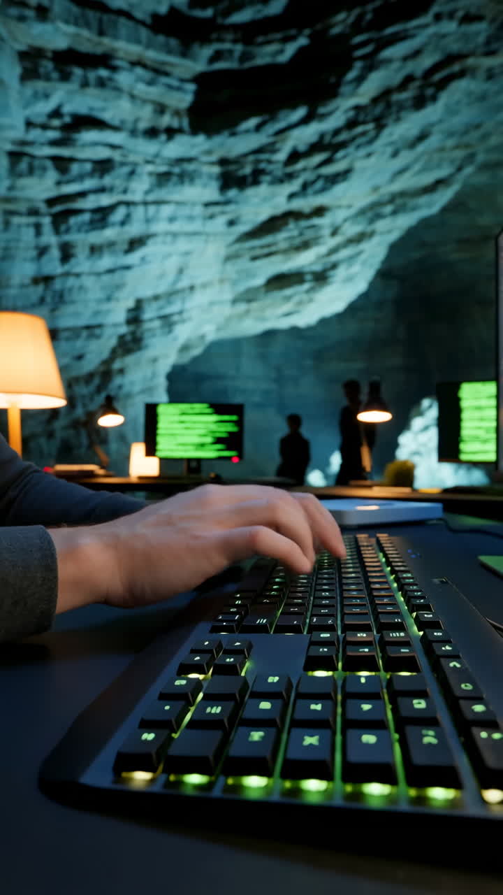 Hands typing on a backlit keyboard in a dim, cave-like tech environment
