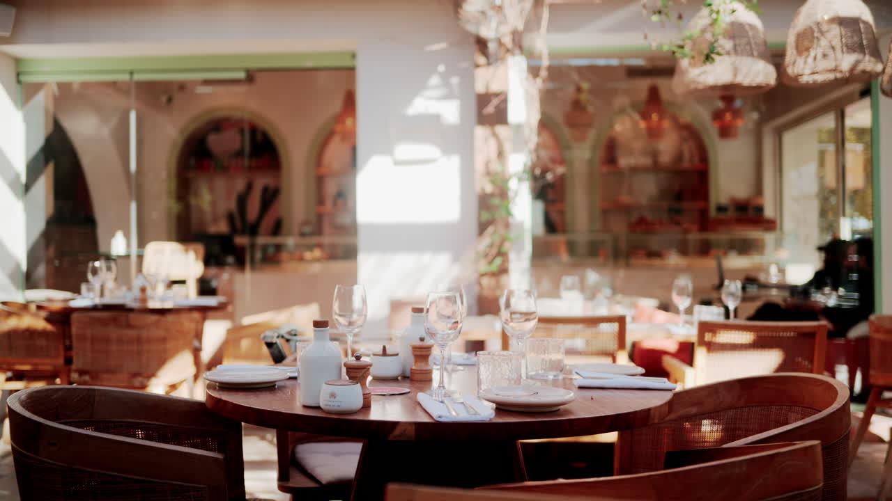 Wooden restaurant table prepared with glasses, plates, and napkins in warm natural light