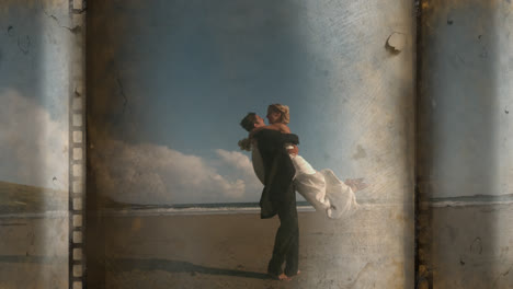 husband and wife hugging on the beach