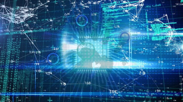 Animation of hand bionic security system over data processing in blue and black space