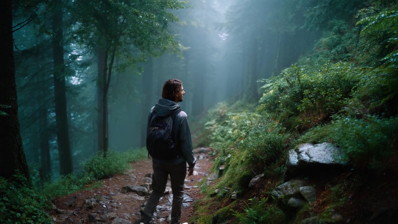 A solitary hiker walking through a misty forest trail, surrounded by lush greenery and rocky paths, embracing the serenity of nature on a foggy day.